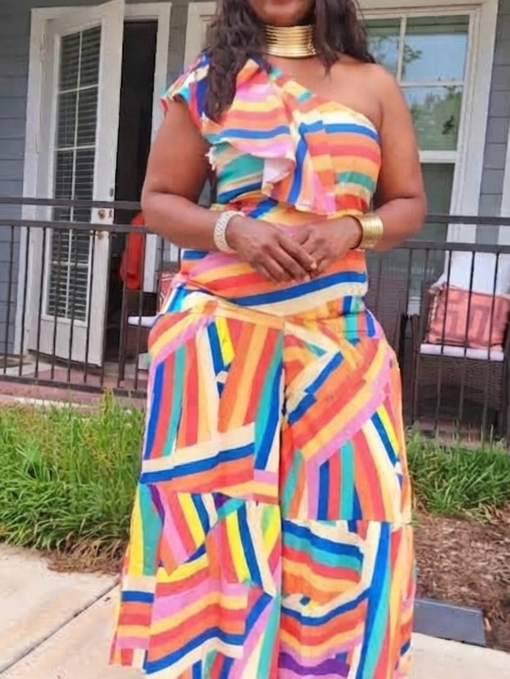 SHEIN Multicolor Striped Wide-Leg Jumpsuit with Bright Geometric Stripes